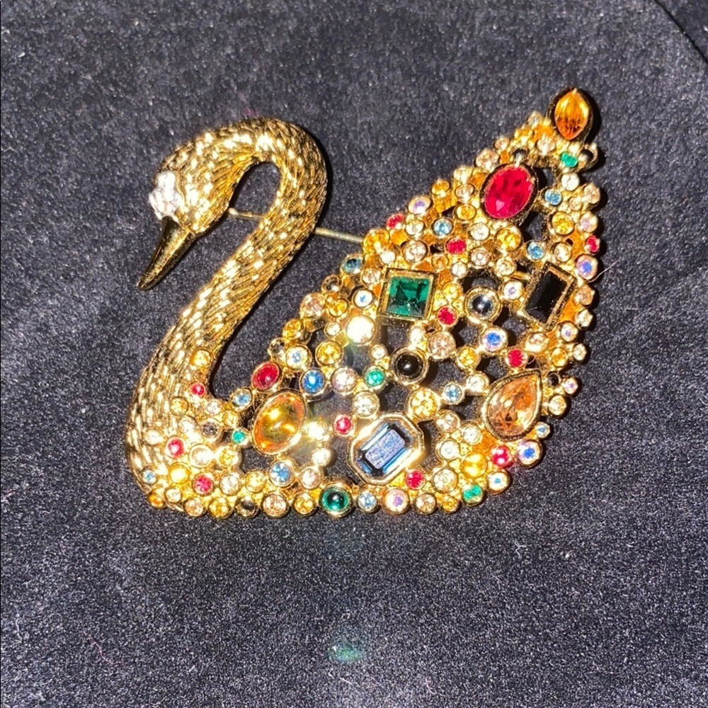 Elegant Gold Swarovski Crystal Encrusted Swan Brooch with Multicolor Gems